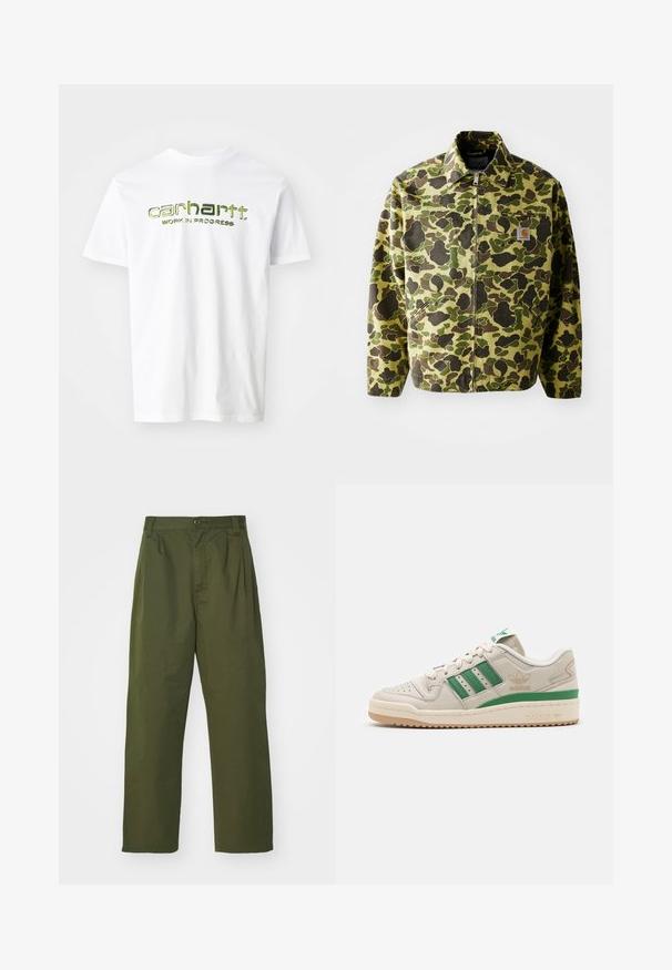 Veste camouflage en coton aux teintes vertes et brunes. Dispose d'une fermeture éclair, d'un col et de poches latérales. Détail du logo réfléchissant.; T-shirt en coton blanc avec le texte imprimé vert "carhartt. WORK IN PROGRESS" sur la poitrine. Manches courtes et design classique à col rond.; Pantalons verts olive, taille haute avec un design à jambe droite. Fabriqués dans un tissu léger, avec des plis à l'avant et une fermeture à bouton.; Baskets Adidas avec une tige en cuir beige, des rayures vertes et une semelle en caoutchouc. Elles disposent d'un col rembourré et d'un bout perforé pour la respirabilité.