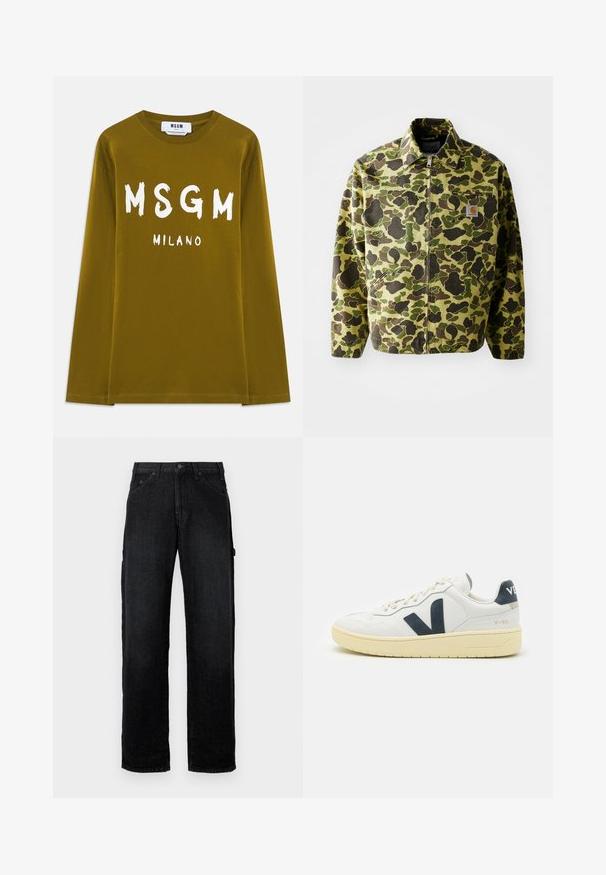 Kamikadze striukė, pagaminta iš medvilnės žaliomis ir rudos spalvos atspalviais. Turinti užtrauktuko uždarymą, apykaklę ir šonines kišenes. Atspindintis logotipo detalė.; Tamsiai žalia ilgomis rankovėmis marškinėliai iš medvilnės, išsiskiriantys dideliu baltu tekstu "MSGM" ir "MILANO", atspaustu ant priekinės dalies.; Juodos džinsinės kelnės su tiesiomis kojomis, turinčios priekinius kišenes, mygtuko užsegimą ir šonines kišenes papildomam saugojimui.; Baltos odinės sportbačiai su tamsiai mėlynomis detalėmis, su masyviu padu, raišteliais užsegimu ir išryškintu šoniniu logotipu. Tekstūruotas paviršius ir minimalus dizainas.