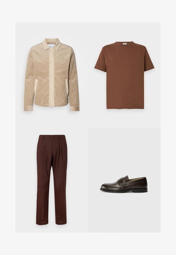 Iedeguma krāsas korduroja jaka ar beigu priekšpusi, apkakli un kabatām. Iekļautā pogu aizdare un ribotas aproces. Diskrēta zīmola atzīme uz krūtīm.; Brūns kokvilnas T-krekls ar apaļu kaklu un īsām piedurknēm. Audumam ir gluda tekstūra un tas ir regulāra piegriezuma dizains.; Brūnas, krokotas bikses, izgatavotas no teksturēta auduma. Iespējama pogu aizdare un brīvs piegriezums, kurš nedaudz sašaurinās virs potītes.; Calvin Klein Mokasīni - cocoa brown