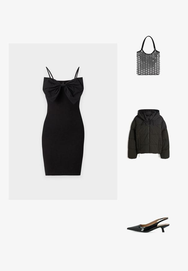 Black padded jacket with a hood, featuring a front zipper, drawstrings, and side pockets. Quilted texture with a cropped design.; Black fitted dress with a large bow detail at the neckline, featuring thin adjustable straps and a smooth, stretchy fabric texture.; Black patent leather slingback pump with a pointed toe and a low, square heel. Features a smooth texture and minimalistic design.; Black and white tote bag with a rounded top, featuring a bubble pattern, made of smooth material, and equipped with two sturdy fabric handles.