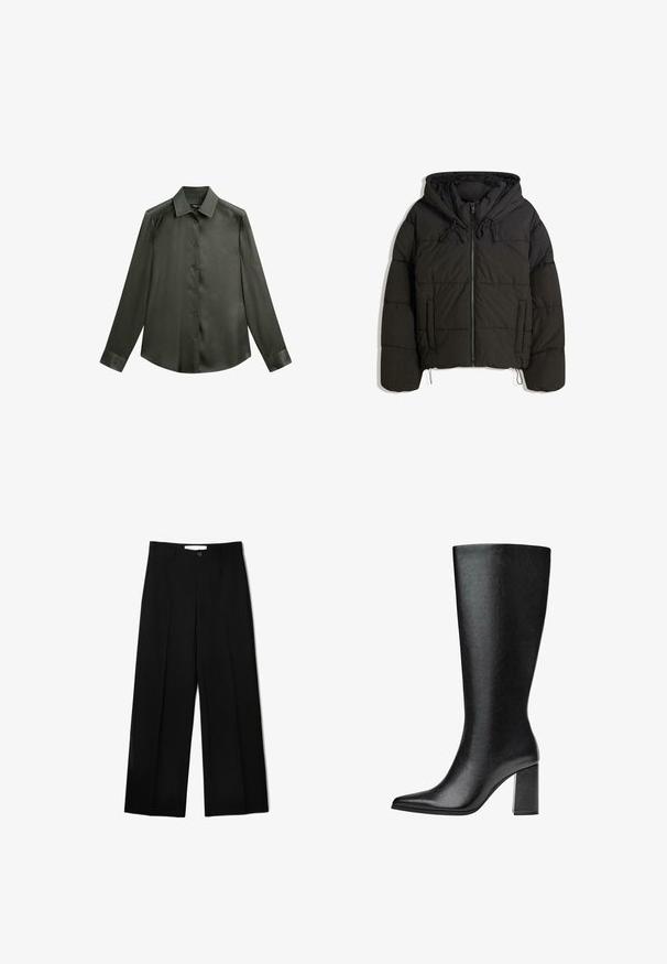Sort polstret jakke med hætte, der har lynlås foran, snoretræk og sidelommer. Vatteret struktur med en cropped design.; Mørkegrøn satin skjorte med krave, lange ærmer og knaplukning foran; har en glat, blank overflade.; Sorte, vide bukser i glat stof med knaplukning og pænt syede folder foran.; Sorte knæhøje støvler lavet af imiteret læder med spids tå, glat tekstur og en chunky blokhæl. Minimalistisk design uden synlige detaljer.