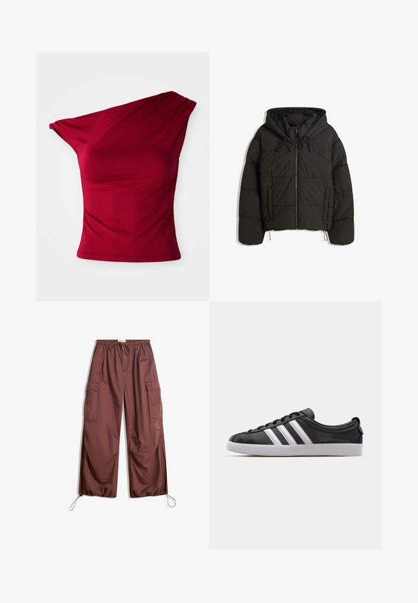Črna podložena jakna s kapuco, ki ima sprednji zadrgo, vrvico in stranske žepke. Hrbtnik je prešit in zasnova je krajša.; Bordo top z enim ramenom, narejen iz raztegljive tkanine, z oblačnimi detajli in prilegajočo silhueto, z gladkim, brezšivnim robom.; Široke rjave cargo hlače z elastičnim pasom, vrvico za zategovanje, velikimi stranskimi žepi in nastavljivimi vrvicami pri gležnjih.; Črne usnjene športe z belim trakom s tremi črtami, zaobljenim nosom, ravnim belim gumijastim podplatom in blagovno znamko na strani.