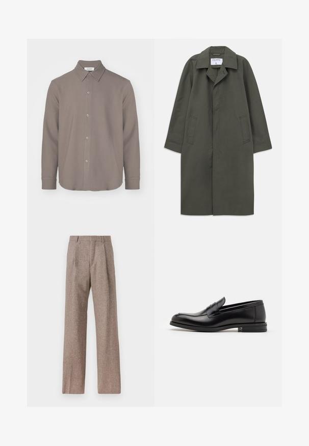 Garšs tumši olīvu zaļš vienkrūtains mētelis ar sānu kabatām, ar izgrieztu apkakli un apslēptām priekšējām pogām, uzraksts "Filippa K" iekšējā apkaklē.; Tums zilas ribota adīta jaka ar rāvējslēdzēju, apkakli un garām piedurknēm, izliekta uz balta fona.; Garais piedurkņu krekls ar apkakli izgatavots no neuzkrītošas brūnas auduma, ar pogu priekšpusi, izliekta apakšmalu un gludu tekstūru ar minimālu noformējumu.; Brūni, augstos šortos izgatavoti no teksturēta auduma. Iezīmē plašas kājas un divas priekšējās krokas, kas nodrošina struktūru. Kārtīga apdare bez redzamām detaļām.; Melnas ādas kurpes ar gludu tekstūru, noapaļu purngalu un dekoratīvu siksniņu pāri priekšpusei. Zems sakrauts papēdis, minimālisma dizains.