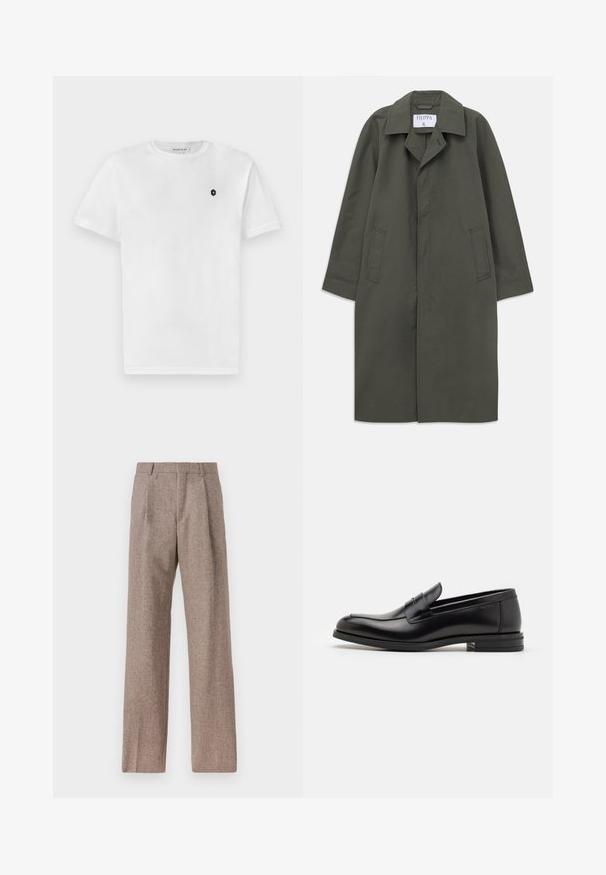 Garšs tumši olīvu zaļš vienkrūtains mētelis ar sānu kabatām, ar izgrieztu apkakli un apslēptām priekšējām pogām, uzraksts "Filippa K" iekšējā apkaklē.; Tums zilas ribota adīta jaka ar rāvējslēdzēju, apkakli un garām piedurknēm, izliekta uz balta fona.; Balta kokvilnas T-krekls ar īsām piedurknēm, apaļu izgriezumu un mazu melnu logotipu kreisajā krūtīs. Gluda tekstūra, klasiskā piegriezne.; Brūni, augstos šortos izgatavoti no teksturēta auduma. Iezīmē plašas kājas un divas priekšējās krokas, kas nodrošina struktūru. Kārtīga apdare bez redzamām detaļām.; Melnas ādas kurpes ar gludu tekstūru, noapaļu purngalu un dekoratīvu siksniņu pāri priekšpusei. Zems sakrauts papēdis, minimālisma dizains.