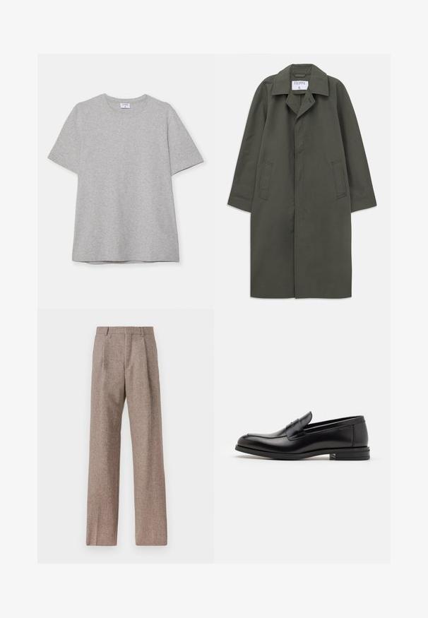 Garšs tumši olīvu zaļš vienkrūtains mētelis ar sānu kabatām, ar izgrieztu apkakli un apslēptām priekšējām pogām, uzraksts "Filippa K" iekšējā apkaklē.; Tums zilas ribota adīta jaka ar rāvējslēdzēju, apkakli un garām piedurknēm, izliekta uz balta fona.; Pelēks īsā piedurkņu T-krekls, kas izgatavots no mīkstas, teksturētas auduma. Tam ir klasiskā apļa kakla izgriezums un taisna apakšmalā, piemērots ikdienas valkāšanai.; Brūni, augstos šortos izgatavoti no teksturēta auduma. Iezīmē plašas kājas un divas priekšējās krokas, kas nodrošina struktūru. Kārtīga apdare bez redzamām detaļām.; Melnas ādas kurpes ar gludu tekstūru, noapaļu purngalu un dekoratīvu siksniņu pāri priekšpusei. Zems sakrauts papēdis, minimālisma dizains.