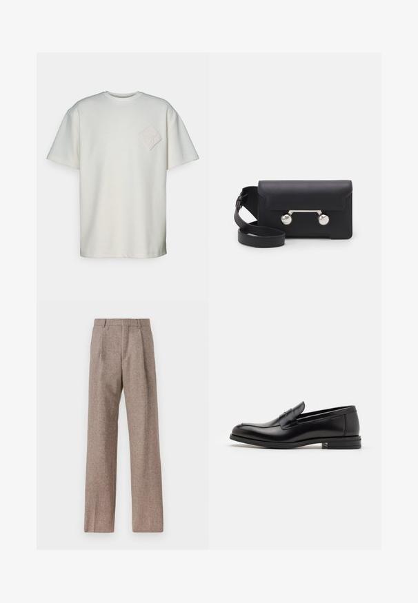 Dlhý tmavý olivovo zelený kabát na jedno gombík s bočnými vreckami, klopovým golierom a skrytými prednými gombíkmi, s označením "Filippa K" vo vnútri goliera.; Námornícka modrá rebrovaná pletená kardigán s zipsom, golierom a dlhými rukávmi, položená na bielom pozadí.; Tričko s krátkym rukávom v odtieni krémovej bavlny, s textúrovaným diamantovým nášivkom a embosovaným dizajnom na ľavej hrudi.; Hnedé, vysoké nohavice vyrobené z texturovanej látky. Majú široké nohavice a dva predné záhyby pre štruktúru. Úhľadné spracovanie bez viditeľného kovania.; Čierne kožené mokasíny s hladkou textúrou, zaoblenou špičkou a dekoračným pásikom cez priehlavok. Nízky vrstvený opätok, minimalistický dizajn.; Čierna kožená crossbody taška s klopovým uzáverom, strieborné nity a dve okrúhle ozdoby. Obsahuje odnímateľný popruh. Hladký povrch.