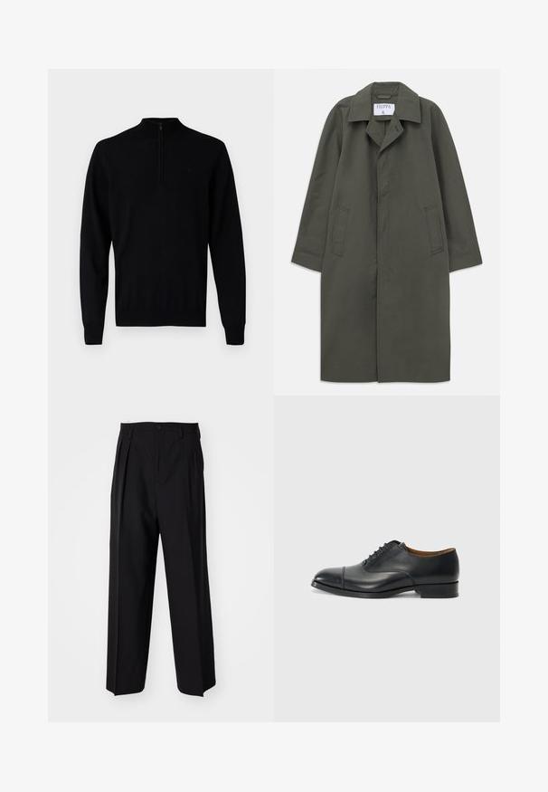 Dolgo temno olivno zelena enojna plašč s stranskimi žepi, izrezanim ovratnikom in skritimi sprednjimi gumbi, oznaka "Filippa K" znotraj ovratnika.; Črn pulover s visokim ovratnikom in kratkim zadrgo. Tkanina deluje gladko z rebrastimi manšetami in robom. Minimalističen dizajn.; Črne nabirane hlače s ravnim, širokim krojem. Narejene so iz gladkega materiala in imajo zadrgo ter pasne zanke.; Črne usnjene oblečne čevlje z gladko površino, okrogle konice, petimi luknjami za vezalke in nizkim blok peto. Minimalističen dizajn s subtilnim šivanjem.