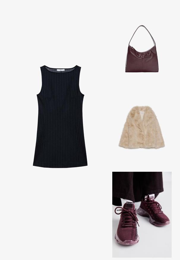 Faux-Fellmantel in hellem Beige mit weicher Textur, weitem Kragen und offenem Design. Besitzt ein glattes Innenfutter.; Marineblau gestreiftes ärmelloses Kleid mit geradem Schnitt, das Seitentaschen und einen runden Ausschnitt hat. Glatte Stofftextur.; Burgunderfarbene Sportschuhe mit Mesh-Obermaterial, strukturierten Details, runden Schnürsenkeln und transparenter Gummisohle; mit Logo auf der Zunge und Ferse.; Burgunderfarbenes Leder-Hobo-Bag mit einem geschwungenen Griff und einem weichen, strukturierten Körper. Verfügt über einen Reißverschluss und minimalistische Nähte.