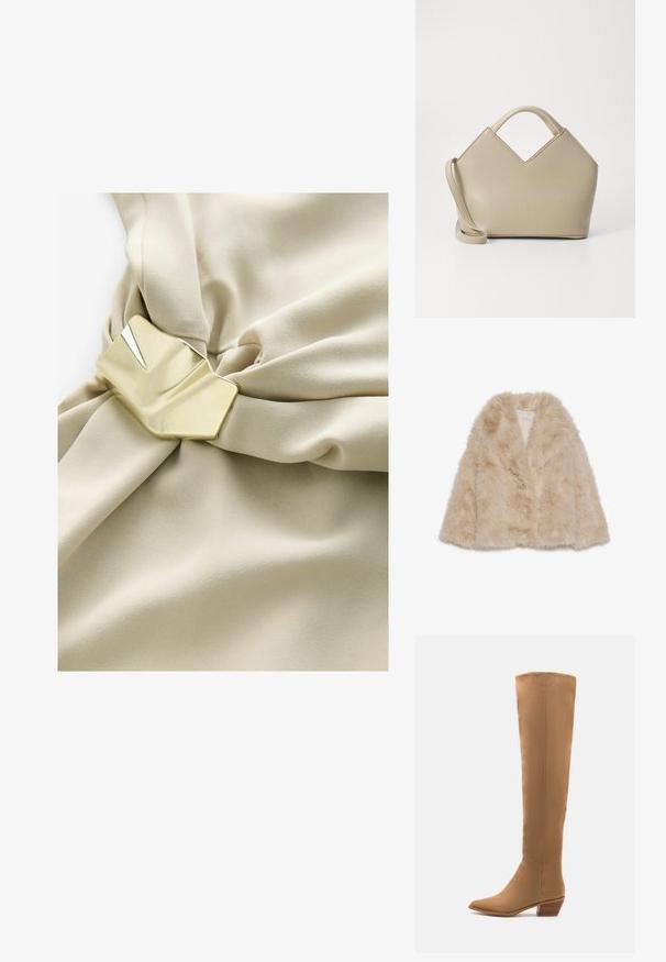Világos bézs színű műszőrme kabát, puha textúrával, széles gallérral és nyitott elülső kialakítással. Simább belső bélés jellemzi.; Beige szövet sima textúrával, középen ráncolva, arany színű fémlakkal, geometrikus mintával.; Térdnél magasabb, sima anyagból készült bézs csizmák, hegyes orral és alacsony, rétegzett sarkúval. Egyszerű dizájn, nincsenek látható minták vagy díszítések.; Beige struktúrált kézitáska V-alakú tetejével, sima bőr anyaggal, rövid fogantyúkkal és hosszú állítható pánttal. Minimál stílusú design.