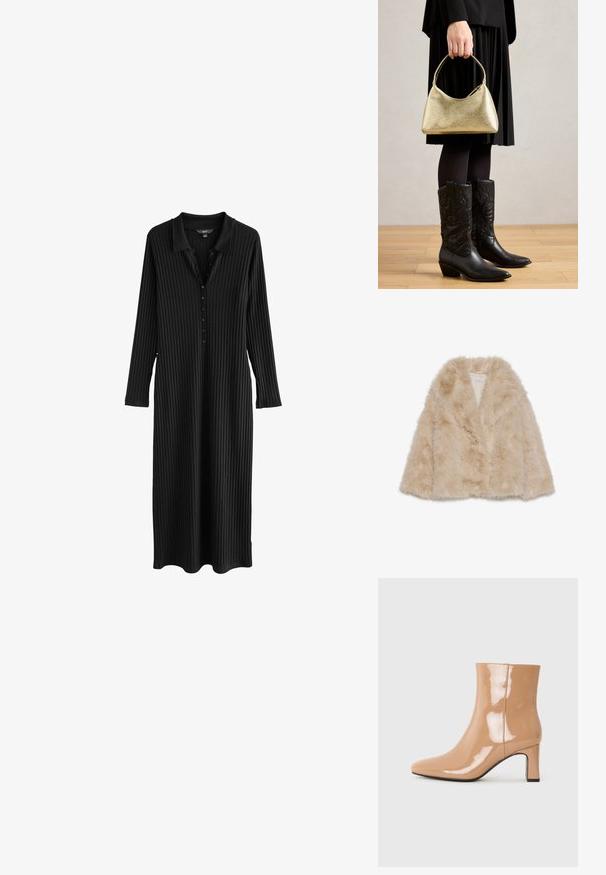 Šviesiai bežinis dirbtinio kailio paltas su minkšta tekstūra, plačiu apykakle ir atviru priekiu. Savybės: glotni vidinė pamušalas.; Next COLLAR DETAIL TALL - REGULAR FIT - Maksi suknelė - black; Nude spalvoti patentiniai apatiniai batai su smailiu nosiu, blizgiu paviršiumi ir vidutinio aukščio blokiniu kulnu. Lygus paviršius ir elegantiška siluetas.; Auksinė tekstūruota rankinė su kreiva forma ir trumpu rankenėle, laikoma žmogaus, apsirengusio juoda plisuota sijonu ir juodais odiniais cowboy batais.