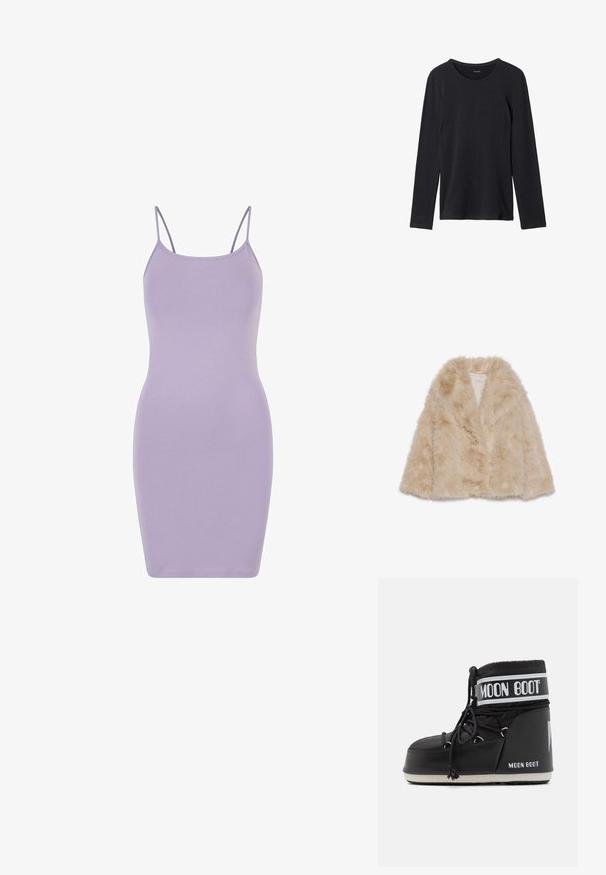 Faux-Fellmantel in hellem Beige mit weicher Textur, weitem Kragen und offenem Design. Besitzt ein glattes Innenfutter.; Lila Bodycon-Kleid aus weichem, dehnbarem Stoff. Ausgestattet mit dünnen Spaghettiträgern und einer enganliegenden Silhouette, mit einer durchgehend glatten Textur.; Schwarzfarbenes Langarm-T-Shirt aus weichem Stoff, mit rundem Ausschnitt, schlichtem Design und ohne sichtbare Muster oder Verzierungen.; Schwarze Moon Boot mit gepolstertem Schaft, der mit Schnürsenkeln gesichert ist, und einem auffälligen weißen Band mit dem Logo. Dicke, strukturierte Gummisohle.