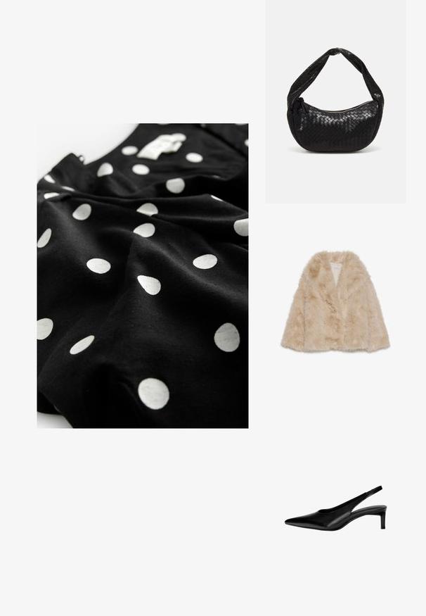 Umelá kožušina kabát v svetlej béžovej farbe s mäkkou textúrou, širokým golierom a otvoreným predným dizajnom. Obsahuje hladkú vnútornú podšívku.; Next V-NECK PUFF SLEEVE MINI - Tričkové šaty - black spot; Čierna kožená slingback obuv s špicatou špičkou, nízkym podpätkom a vyrezávaným dizajnom po stranách. Hladká textura s elegantným vzhľadom.; Čierna tkaná kožená kabelka s zakriveným tvarom, s hrubým uchom a zipsovým uzatvorením. Textúrovaný povrch s lesklým povrchom.