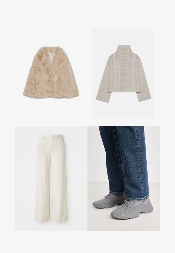 Lažni krzneni kaput svijetle bež boje s mekim teksturom, širokim ovratnikom i otvorenim prednjim dijelom. Ima glatku unutarnju podstavu.; Skraćeni, svijetlosivi pleteni pulover s visokim ovratnikom i rebrastim manžetama, sa teksturiranim cables uzorak na leđima i stranama.; Hlače širokih nogavica u svijetloj bež boji, izrađene od glatke tkanine. Imaju klasičnu elastičnu traku u struku i ravni prednji dio s čistim linijama.; Steve Madden MATCH-E - Tenisice - paloma grey