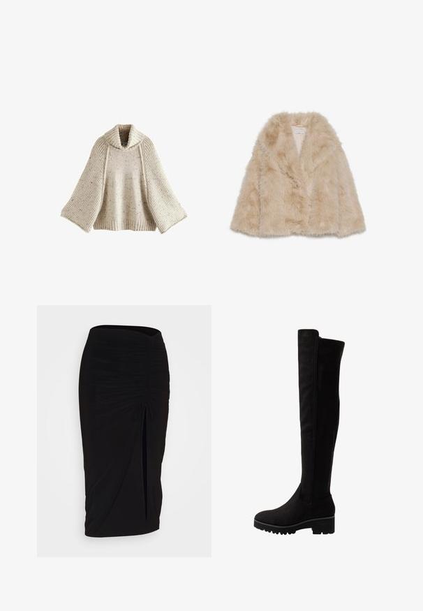 Cappotto in finta pelliccia di un beige chiaro con una texture morbida, colletto ampio e design aperto. Presenta una fodera interna liscia.; Next REGULAR FIT ROLL NECK - Maglione - ecru; Gonna a tubino nera, arricciata, con dettaglio a fiocco e uno spacco laterale. Realizzata in un tessuto elasticizzato, presenta una texture liscia e un design aderente.; Stivali neri sopra il ginocchio in morbido suede con suola piatta, caratterizzati da una punta rotonda e pannelli laterali elasticizzati per facilitare l'indossamento.