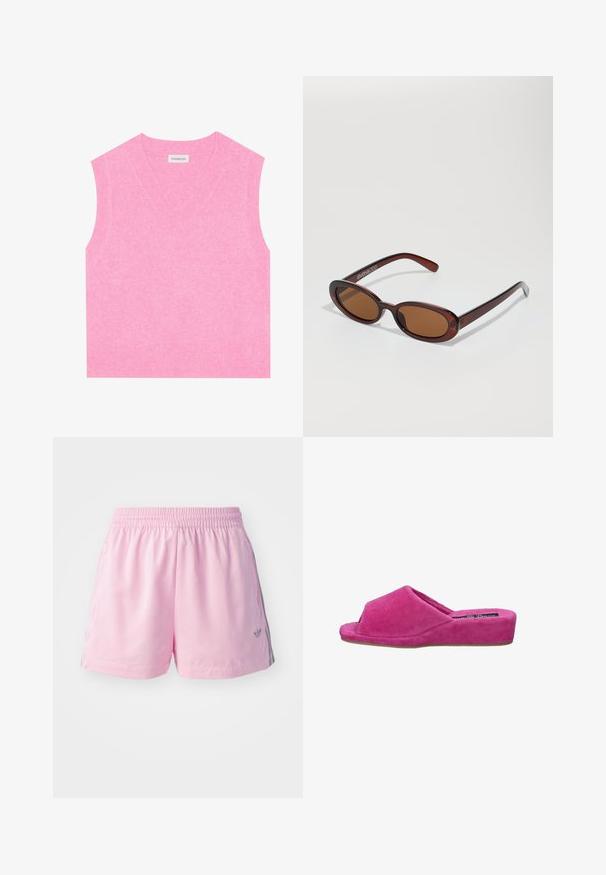 Faux-Fellmantel in hellem Beige mit weicher Textur, weitem Kragen und offenem Design. Besitzt ein glattes Innenfutter.; Even&Odd Strickpullover - pink; Rosa Sportshorts mit elastischem Bund, an den Seiten mit einem grauen Streifen und einem kleinen Logo auf der Vorderseite. Hergestellt aus leichtem Material.; Rosa Cord-Optik Hausschuh mit gerundetem Zehenbereich und niedrigem Keilabsatz. Texturiertes Material, offene Vorderseite und dezente Steppnaht.; Runde, braun getönte Sonnenbrillen mit einem glänzenden burgunderfarbenen Rahmen. Schlanke Bügel mit dezentem Branding. Flaches Linsendesign.; Rosa Kunstleder-Handtasche in runder Form mit geschnürtem Design, verziert mit metallischen Ösen und einer Schleifendetail. Enthält einen kurzen Griff.