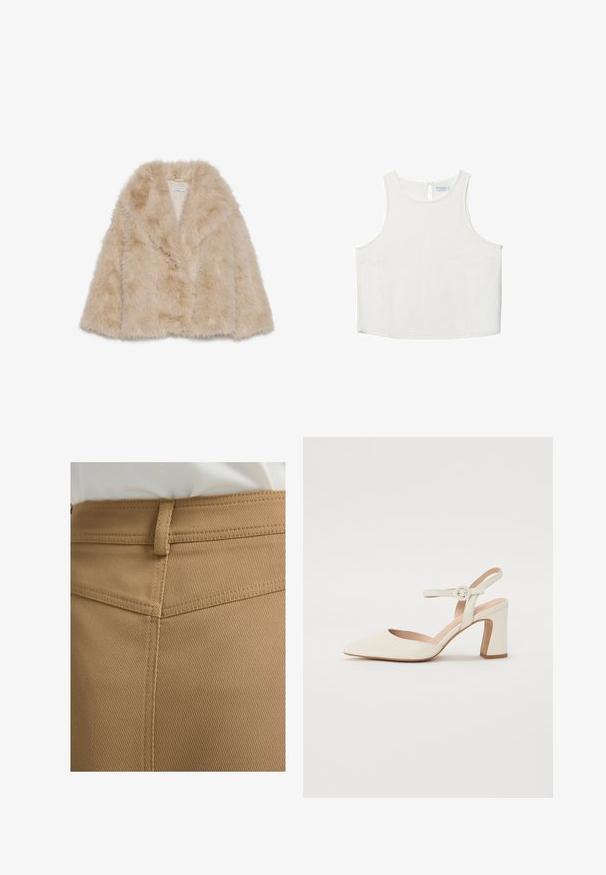 Kabát z umělé kožešiny ve světle béžové barvě s jemnou texturou, širokým límcem a otevřeným designem vpředu. Obsahuje hladkou podšívku.; Bílý bezrukávový top s kulatým výstřihem, který má jemnou texturu, detaily v oblasti zad ve tvaru klíčové dírky a rovný lem.; Hnědá texturovaná látka s diagonálním vzorem; viditelné švy a poutko na opasek v pase. Zaměřený pohled na horní část oděvu.; Kopie s špičatou špičkou, krémové lodičky s blokovým podpatekem. Obsahuje tenký pásek kolem kotníku s kulatou sponou a hladkou koženou texturu.