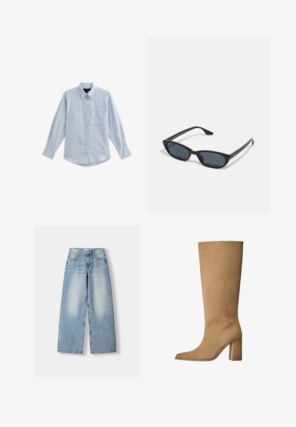 Cappotto in finta pelliccia di un beige chiaro con una texture morbida, colletto ampio e design aperto. Presenta una fodera interna liscia.; Camicia azzurro chiaro a maniche lunghe realizzata in tessuto morbido, con chiusura a bottoni, colletto a punta, una tasca sul petto e orlo leggermente curvo.; Jeans a gamba larga in denim blu chiaro con vita alta, caratterizzati da una finitura sbiadita, cinque tasche e una vestibilità dritta.; Stivale al ginocchio in suede beige con tacco a blocco, caratterizzato da una punta affusolata e una superficie liscia. Design minimalista senza decorazioni.; Occhiali da sole cat-eye neri con lenti scure, montatura in plastica, stanghette sottili e una leggera marca sulla parte interna del braccio. Finitura opaca.; Borsa in pelle verniciata marrone di forma rettangolare, con due manici lunghi e sottili accenti curvi sul davanti.