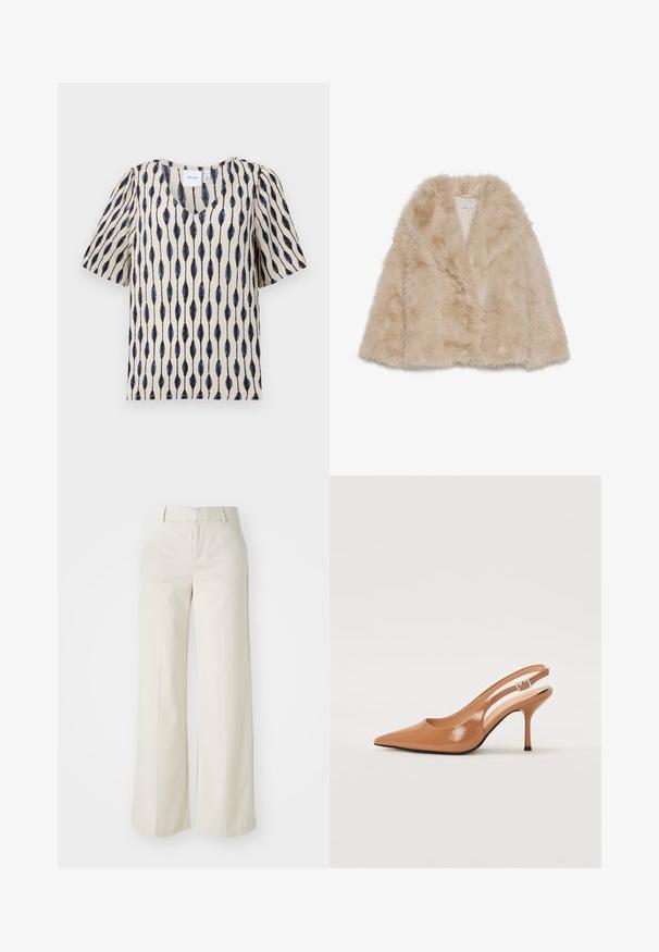 Caban din blană sintetică de culoare bej deschis, cu o textură moale, guler wide și design deschis în față. Prezintă o căptușeală interioară netedă.; Top crem cu mânecă scurtă și decolteu în V, având un model distinctiv cu frunze înguste în nuanțe de bleumarin și negru pe întreaga țesătură.; Pantaloni cu picioare largi, de culoare bej deschis, dintr-un material neted. Prezintă un brâu clasic și un față plată cu linii curate.; Pantofii cu toc slingback, cu vârful ascuțit, dintr-un material tan neted și strălucitor. Prezintă un design cu decupaj curbat și un toc subțire stil stiletto. Detaliu cu cataramă argintie.