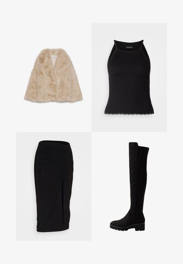 Mākslīgās kažokādas mēteles gaiši bēšā krāsā ar mīkstu tekstūru, plašu apkakli un atvērtu priekšpusi. Satur gludu iekšējo oderi.; Melna ribota topiņa ar izšūtu mežģīņu apdari apakšmalā. Iezīmē plānas siksniņas un pielāgotu piegriezumu. Izgatavota no stiepjama auduma.; Melna, ručām veidota zīda svārku ar saišu detaļu un sānu izgriezumu. Izgatavota no elastīga auduma, ar gludu tekstūru un pieguļošu dizainu.; Melnas zābaki virs ceļgaliem no mīkstas zamšādas ar plakanu zoli, kurām ir noapaļots purngals un elastīgas sānu paneļi, kas nodrošina vieglu uzvilkšanu.