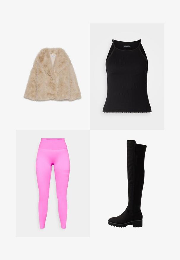 Mākslīgās kažokādas mēteles gaiši bēšā krāsā ar mīkstu tekstūru, plašu apkakli un atvērtu priekšpusi. Satur gludu iekšējo oderi.; Melna ribota topiņa ar izšūtu mežģīņu apdari apakšmalā. Iezīmē plānas siksniņas un pielāgotu piegriezumu. Izgatavota no stiepjama auduma.; Pieguļošas augstās jostas bikses spilgtā rozā krāsā. Gluda, elastīga auduma struktūra ar smalku tekstūras svītru detaļu sānos.; Melnas zābaki virs ceļgaliem no mīkstas zamšādas ar plakanu zoli, kurām ir noapaļots purngals un elastīgas sānu paneļi, kas nodrošina vieglu uzvilkšanu.