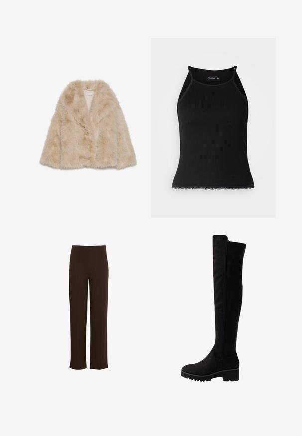 Umelá kožušina kabát v svetlej béžovej farbe s mäkkou textúrou, širokým golierom a otvoreným predným dizajnom. Obsahuje hladkú vnútornú podšívku.; Čierny rebrovaný top bez rukávov so zvlneným čipkovým lemovaním na spodnom leme. Má tenké ramienka a priliehavý strih. Vyrobené z elastického materiálu.; Hnedé nohavice širokého strihu vyrobené z mäkkého, elastického materiálu. Obsahujú vertikálne švy a čistý pás pre elegantný vzhľad.; Čierne nadkolenné topánky z mäkkej semišovej kože s plochou podrážkou, s zaoblenou špičkou a elastickými bočnými panelmi pre jednoduché obúvanie.