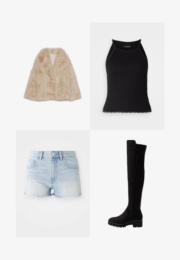 Mākslīgās kažokādas mēteles gaiši bēšā krāsā ar mīkstu tekstūru, plašu apkakli un atvērtu priekšpusi. Satur gludu iekšējo oderi.; Melna ribota topiņa ar izšūtu mežģīņu apdari apakšmalā. Iezīmē plānas siksniņas un pielāgotu piegriezumu. Izgatavota no stiepjama auduma.; Gaiši zili džinsu šorti ar augstu jostas vietu, plīsušu apakšmalu, priekšējām un aizmugurējām kabatām, kā arī vara krāsas pogu.; Melnas zābaki virs ceļgaliem no mīkstas zamšādas ar plakanu zoli, kurām ir noapaļots purngals un elastīgas sānu paneļi, kas nodrošina vieglu uzvilkšanu.