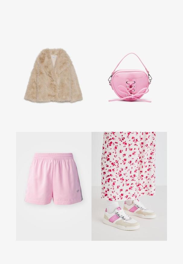 Manteau en fausse fourrure de couleur beige clair avec une texture douce, un large col et un design à devant ouvert. Présente une doublure intérieure lisse.; Chemise blanche à manches courtes avec de grands pois noirs, décolleté en V et détail de logo sur la poitrine, fabriquée dans un matériau lisse et extensible.; Shorts de sport roses avec une taille élastique, présentant une bande grise sur les côtés et un petit logo à l'avant. Fabriqués en tissu léger.; Baskets blanches et roses avec un accent en suede gris, dotées d'un lacet brillant et d'un panneau latéral rose, associées à une longue jupe plissée à imprimé floral.; Sac à main en simili cuir rose de forme circulaire, avec un design à lacets et des œillets métalliques, ainsi qu'un détail en nœud. Comprend une courte poignée.
