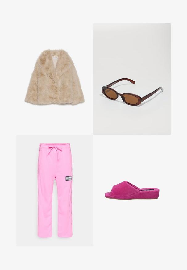 Kabát z umělé kožešiny ve světle béžové barvě s jemnou texturou, širokým límcem a otevřeným designem vpředu. Obsahuje hladkou podšívku.; Bílá krátká rukávová košile s velkými černými puntíky, výstřihem do V a logem na hrudi, vyrobená z hladkého, pružného materiálu.; Růžové sportovní kalhoty Nike s elastickým pasem, šňůrkou, bočními kapsami, cvoky po stranách nohavic a černobílou nášivkou loga na stehně.; Růžové sametové skluzné pantofle s zaoblenou špičkou a nízkým podpatkem. Texturovaná tkanina, otevřená přední část a jemné švy.; Kulaté sluneční brýle hnědé barvy s lesklým burgundským rámem. Úzké nožičky s jemným logem. Rovné čočky.; Růžová taška z umělé kůže s kruhovým tvarem, s krajkovým designem a kovovými očky, doplněná mašlí. Obsahuje krátkou rukojeť.