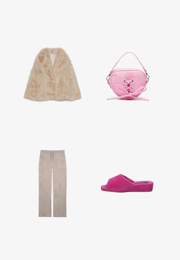 Manteau en fausse fourrure de couleur beige clair avec une texture douce, un large col et un design à devant ouvert. Présente une doublure intérieure lisse.; Chemise blanche à manches courtes avec de grands pois noirs, décolleté en V et détail de logo sur la poitrine, fabriquée dans un matériau lisse et extensible.; Pantalons de survêtement gris clair en tissu doux et texturé ; dotés de deux poches avant et d'une taille élastiquée avec cordon de serrage.; Chausson en velours côtelé rose avec un bout arrondi et un petit talon compensé. Tissu texturé, ouverture à l'avant et détail de couture subtil.; Sac à main en simili cuir rose de forme circulaire, avec un design à lacets et des œillets métalliques, ainsi qu'un détail en nœud. Comprend une courte poignée.