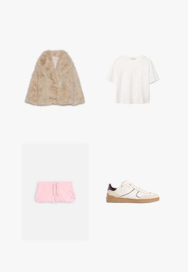 Kabát z umělé kožešiny ve světle béžové barvě s jemnou texturou, širokým límcem a otevřeným designem vpředu. Obsahuje hladkou podšívku.; Bílý krátký rukáv tričko vyrobené z bavlny. Má kulatý výstřih a volný střih. Hladký materiál bez viditelných vzorů nebo akcentů.; Růžové šortky z měkké látky, s tkaničkou se stříbrnými hroty a malým vyšitým logem v pravém dolním rohu.; Stradivarius Tenisky - white