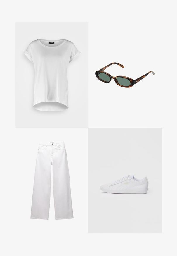Cappotto in finta pelliccia di un beige chiaro con una texture morbida, colletto ampio e design aperto. Presenta una fodera interna liscia.; T-shirt bianco a maniche corte con scollo rotondo, orlo posteriore leggermente più lungo, tessuto di cotone morbido e maniche arrotolate. Senza stampe visibili.; Jeans bianchi a gamba larga realizzati in denim. Presentano chiusura con bottone, tasche anteriori e posteriori, e cuciture rinforzate. Tessuto liscio con dettagli minimi.; Sneaker Puma bassa bianche con lacci, branding discreto sul lato e sulla suola, e tomaia in sintetico liscio per un look casual.; Occhiali da sole tartarugati con montatura ovale e lenti verdi. Presentano aste sottili con un accento metallico vicino alle cerniere.; Orecchini in metallo argento con un design ondulato e scultoreo, caratterizzati da una finitura lucida e forme irregolari, che evidenziano un'estetica contemporanea.