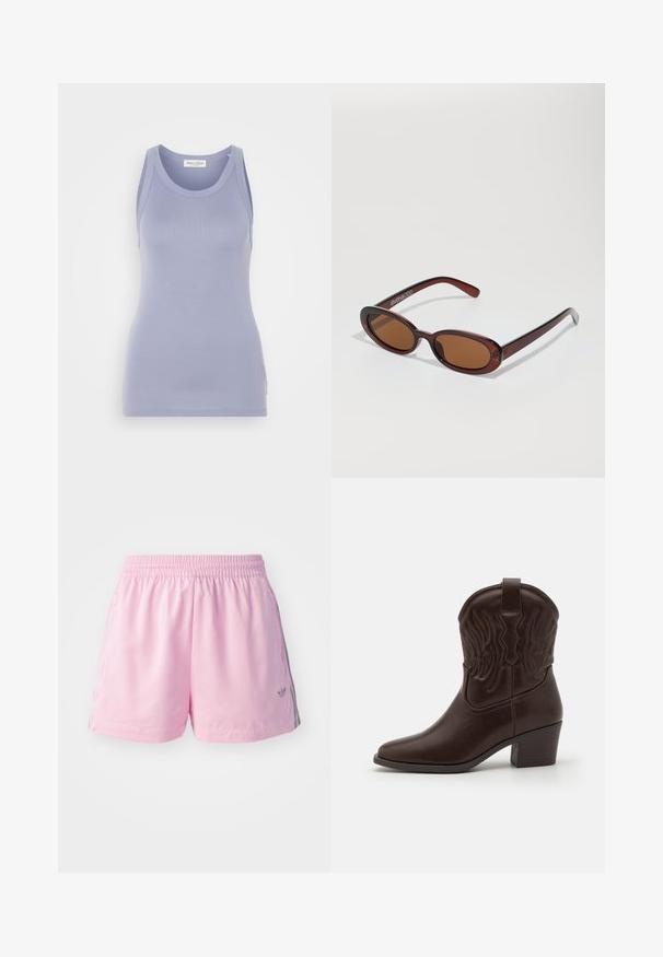 Kunstkarvane märkjas beež ülerõivas, mis on pehme tekstuuriga, laia kraega ja avatud ees. Omab sujuvat sisekihti.; Heledad lavendelvärvi tank top, mis on valmistatud silueti rõhutavast siledast kudumkangast. Omab ümmargust kaelust ja laia õlavarre rihmu, minimaalse brändingu jaotusega.; Roosa sportlikud lühikesed püksid elastse vöökohtaga, mille külgedel on hall riba ja ees väike logo. Tehtud kergest kangast.; Pruunist nahast cowboy saapad, millel on teravad varbad, reljeefsed tiivamustrid, kesk kõrguses plokk konts ja tõmbenupp taga.; Ümar, pruunikased päikeseprillid läikiva burgundia raami ja peente kaubamärgi detailidega. Peened sangad ja lame läätsedesain.; Leopardi mustriga käekott musta kunstnahast alusega, kahe ülemise käepideme, kuldse tõmbluku ja mustade kunstnahast aksessuaaridega. Ristkülikukujuline.