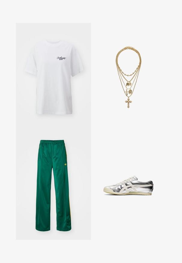Faux-Fellmantel in hellem Beige mit weicher Textur, weitem Kragen und offenem Design. Besitzt ein glattes Innenfutter.; Weißes Baumwoll-T-Shirt mit lässiger Passform. Verfügt über kurze Ärmel und ein kleines schwarzes "Carhartt WIP"-Logo auf der linken Brust.; Grüne satinierte Sporthosen mit entspannter Passform, mit gelben Streifenakzenten und einem gestickten Logo auf der linken Seite. Elastischer Bund.; Silberne metallische Sneaker mit weißen Akzenten und Schnürsenkeln. Verfügt über eine strukturierte Oberfläche, eine abgerundete Zehenpartie und eine Gummi-Sohle mit einem Muster für besseren Halt.; Gold mehrlagige Halskette mit unterschiedlichen Kettenlängen, dekorativen Anhängern wie Kreuzen und rechteckigen Charms sowie einer strukturierten Oberflächenbeschaffenheit.