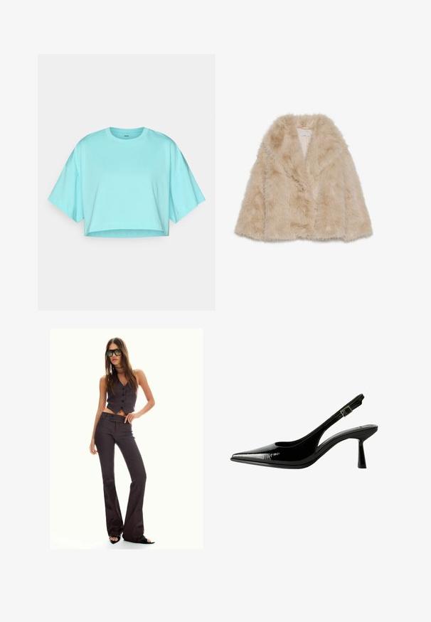 Lažna krznena bunda v svetlih bež odtenkih z mehko teksturo, širokim ovratnikom in odprtim sprednjim delom. Ima gladko notranjo podlogo.; Skrajna majica v svetlem turkiznem odtenku, izdelana iz mehkega bombaža. Ima okroglo ovratnico in široke kratke rokave. Gladka tekstura z minimalnim šivanjem.; Rjav prugast brezrokavnik in široke hlače, ki sta okrašeni z gumbi in teksturirano tkanino. Črne sandale z odprtimi prsti in oversize sončna očala.; Črne lakirane slingback čevlje s koničastim nosom, izrezanimi stranicami, nastavljivim gležnjarjem in tankim, elegantnim peto.