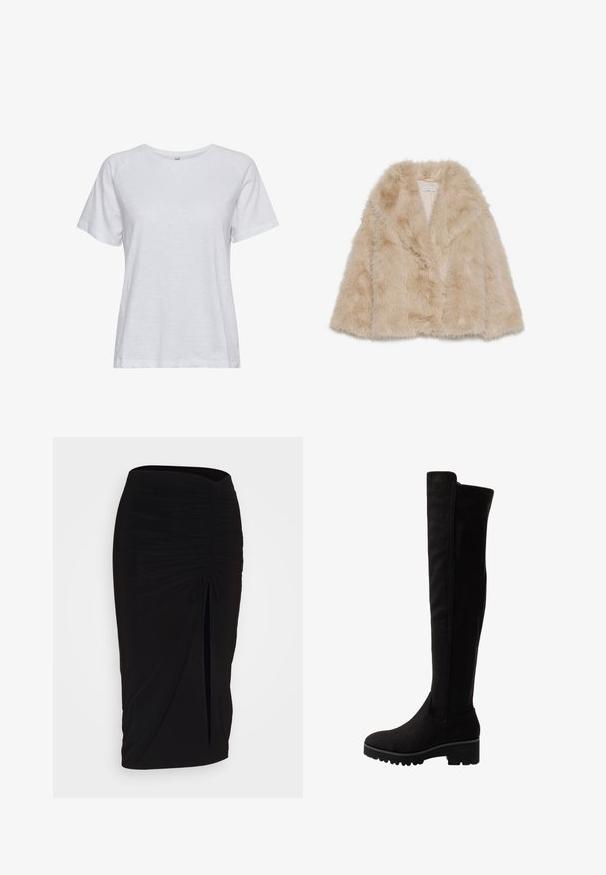 Vilturkka takki vaaleanbeigellä värillä, pehmeällä pinnalla, leveällä kauluksella ja avoimella etuosalla. Sisältää sileän vuoren.; Valkoinen lyhythihainen T-paita kevyestä kankaasta, jossa on pyöreä kaula-aukko, sileä rakenne ja yksinkertainen kuvioimaton muotoilu.; Musta, rypytetty kynähame, jossa on solmuseikkaus ja sivurako. Valmistettu joustavasta kankaasta, joka tarjoaa sileän pinnan ja vartaloon kiinnittyvän muodon.; Musta yli polven saappaat pehmeästä mokasta, jossa on litteä pohja, pyöristetty kärki ja elastiset sivupanelit helppoa pukemista varten.