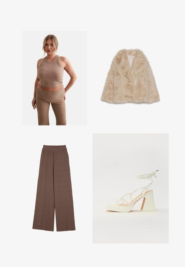 Šviesiai bežinis dirbtinio kailio paltas su minkšta tekstūra, plačiu apykakle ir atviru priekiu. Savybės: glotni vidinė pamušalas.; Šviesiai rudas, paaukštintu kaklu ir prigludusiu siluetu nupintas trumpas viršus, derinamas su atitinkančiomis nupintomis aukšto liemens kelnėmis. Matoma subtili logotipo detalė.; Patalonai plačiais kojomis pagaminti iš tekstūruoto, raukšlėto audinio šiltos rudos spalvos. Savybėje yra be siūlių juosmuo ir platicianti siluetas.; Balti aukštakulniai sandalai su masyviu kulnu, su dirželių dizainu ir kulkšnies raiščiu. Lygi tekstūra su platforma priekyje, suteikianti papildomą aukštį.