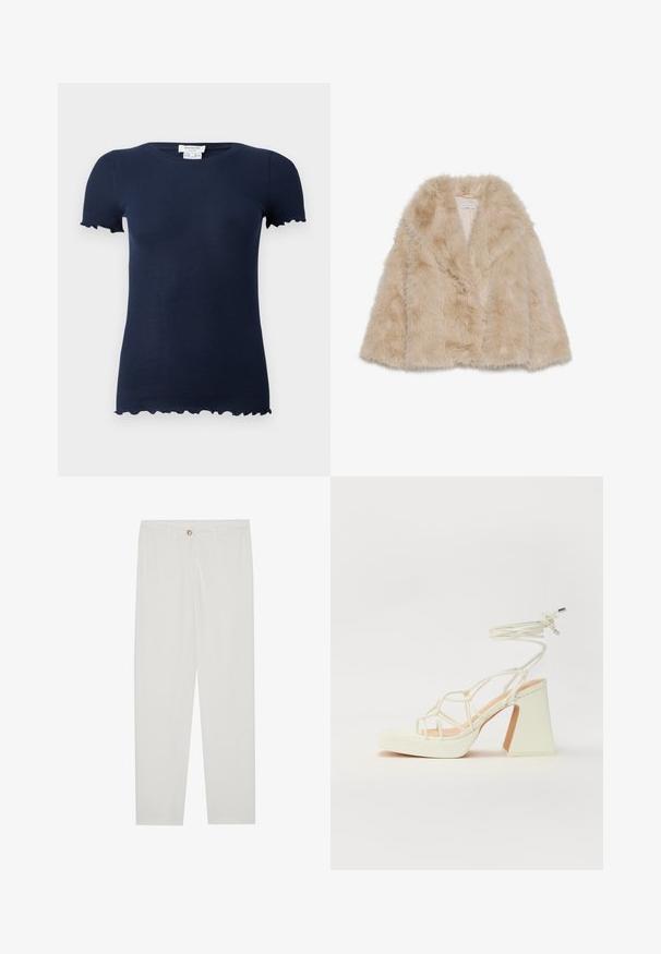 Lažna krznena bunda v svetlih bež odtenkih z mehko teksturo, širokim ovratnikom in odprtim sprednjim delom. Ima gladko notranjo podlogo.; Mornarsko modra rebrasta majica s prilegajočim krojem, kratkimi rokavi in valovitimi robovi na koncih rokavov in spodnjem delu. Mehka, raztegljiva tkanina.; Bela, krojena hlače z ravnimi nogami, ki vključujejo gumbasto zapiranje, zanke za pas in stranske žepe; gladka tekstura tkanine.; Bela sandala na visokih petah s debelim petam, ki ima obliko trakcev in vezanje okoli gležnja. Gladka tekstura z platformo spredaj za dodatno višino.