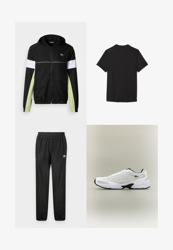 Casaco preto com capuz e fecho de correr, mangas compridas. Listas contrastantes em branco e verde claro nas mangas. Logótipo da Lacoste no lado esquerdo do peito.; T-shirt preta de mangas curtas feita de um tecido de algodão suave. Design simples com decote redondo e sem padrões ou detalhes visíveis.; Calças de treino pretas da Umbro com cinturão elástico, bolsos laterais, pernas afuniladas e logótipo na coxa direita sobre um fundo branco.; Sapatilha atlética branca com parte superior em malha texturizada, design curvado e outsole preto em contraste. Apresenta um logótipo verde bordado de lado.