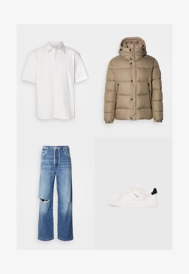 Beżowa kurtka puchowa z kapturem, z pikowanymi sekcjami, z przodu zapinana na guziki i z suwaczkami w kieszeniach. Gładka tekstura i swobodny design.; Koszulka z krótkim rękawem w białym kolorze z cienkimi, pionowymi beżowymi paskami, zapinana na guziki, z klasycznym kołnierzykiem. Materiał wydaje się gładki, lekki.; Jasnoniebieskie dżinsy o luźnym kroju, z białym sznurkiem w pasie oraz wyraźnymi przetarciami z przodu, odsłaniającymi postrzępione krawędzie.; Białe sneakersy z jasnoróżowymi i czarnymi akcentami, z gładkiej skóry i paneli z zamszu, okrągłym noskiem i płaską gumową podeszwą.