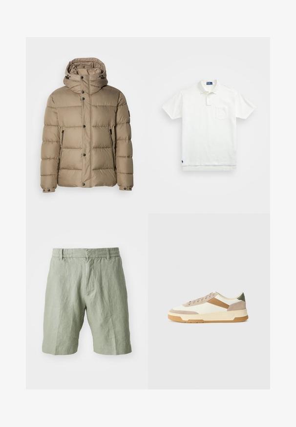 Krém színű puffamellény kapucnival, steppelt részekkel, elülső gombokkal és cipzáras zsebekkel. Sima textúra és laza design.; Fehér pólóing, pamutból készült, klasszikus gallérral, háromgombos végigfutóval és bal oldali zsebével; kis logó a szegélyen.; Világoszöld lenvászon bermuda, amely lazán illeszkedik, rugalmas derékpánttal és két elülső zsebbel rendelkezik. Simaságának köszönhetően kényelmes viselet, mindennapi stílusban.; Beige, krémszínű és olívazöld sportcipők, velúr és bőr anyagból, kerek orral, minimalista dizájnnal és gumitalppal.