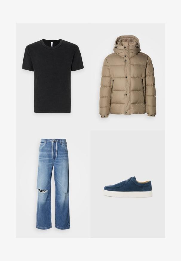 Béžová prešívaná bunda s kapucňou, so šitými časťami, prednými gombíkmi a zipsovými vreckami. Hladká textúra a neformálny dizajn.; Čierne bavlnené tričko s krátkymi rukávmi, okrúhlym výstrihom a hladkou textúrou. Minimalistický dizajn, bez viditeľných vzorov alebo akcentov.; Svetlomodré džíny s voľným strihom, so bielym šnúrkovým pásom a výraznými roztrhnutiami na prednej strane, ktoré odhaľujú rozstrapkané okraje.; Námořnické modré semišové boty na klínu s bílou gumovou podešví, zdobené švy a zaobleným tvarem špičky. Celkově hladká textura.