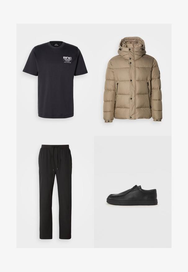 Jachetă puffer bej cu glugă, având secțiuni capitonate, butoane frontale și buzunare cu fermoar. Textură netedă și design casual.; Tricou din bumbac negru cu mâneci scurte, decolteu rotund și imprimeu pe piept care include "mnc" și detalii de contact în alb. Design clasic.; Pantaloni jogging negri dintr-un material ușor, cu talie elastică și șnururi ajustabile, plus buzunare laterale. Textură netedă.; Pantofii din piele neagră, fără șireturi, cu vârful rotund, detalii cusute și talpă din cauciuc negru. Textură netedă cu un design minimalist.