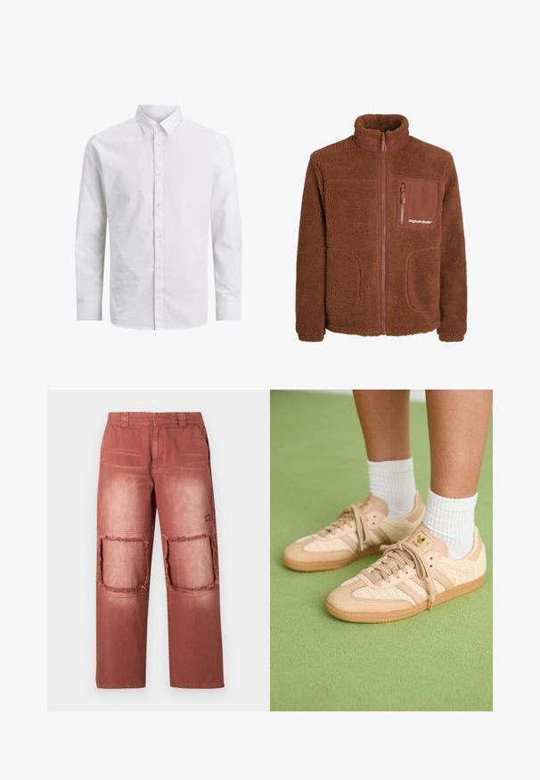 Braune Fleecejacke mit hohem Kragen, durchgehendem Reißverschluss, zwei seitlichen Taschen und einer Brusttasche. Verfügt über eine weiche Textur und ein Logodetail.; Langärmliges weißes Hemd aus glattem Baumwollstoff, mit klassischem Kragen und vorderem Knopfverschluss, ohne Muster oder Akzente.; Rostfarbene Hosen mit verblasster Textur, ausgestattet mit zwei großen, fransigen Ausschnitten an den Knien und normalen Taschen.; Füße in beigen, gewebten Adidas-Sneakern mit Gummisohlen und weißen Knöchelsocken auf grüner texturierter Fläche.