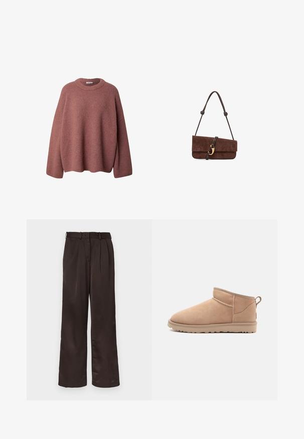 Faux-Fur-Jacke in cremigem Beige. Boxy-Schnitt mit herunterfallenden Schultern. Weicher, langfloriger Textur und rundem Halsausschnitt. Keine sichtbaren Verschlüsse.; EDITED Strickpullover - braun rostbraun; Braune, weit geschnittene Hose aus einem glatten Stoff, mit einem strukturierten Bund und vorderen Falten für zusätzliche Details.; Beige Wildleder-Ankle-Boot mit abgerundetem Zehenbereich, weicher Textur, schlichtem Design und einer flachen Gummisohle. Mit einer Zuglasche auf der Rückseite.; Braune Wildleder-Handtasche mit einem langen, geknoteten Ledertragegurt. Verfügt über ein gefaltetes Design und metallische goldene Akzente am vorderen Verschluss.