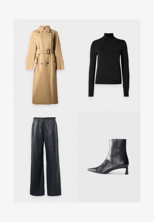 Beige gyapjúkabát övvel a deréknál, dupla gombos záródással, nagy zsebekkel és nyitott gallérral. Texturált, meleg anyag.; Fekete, hosszú ujjú garbós pulóver bordás mandzsettákkal és aljjal, sima fehér háttér előtt bemutatva.; Fekete műbőr, bő szárú nadrág elasztikus derékkal, sima textúrával és tiszta varrással.; Fekete bőr bokacsizma hegyes orral és letisztult dizájnnal. Alacsony sarka és hátsó cipzáras záródása van. Simának tűnő textúra.