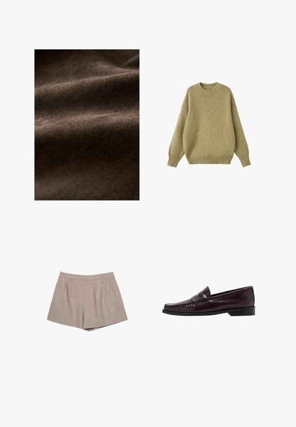 Braunes Wildleder mit einer weichen Textur, das sanfte Falten und eine reichhaltige, einheitliche Farbe aufweist, geeignet für verschiedene textile Anwendungen.; Strickpullover in einem gedämpften Olivton, mit einem runden Ausschnitt, überschnittenen Schultern und gerippten Bündchen sowie Saum für zusätzliche Textur.; Langärmliges Hemd in zartem Rosa mit vertikalen weißen Streifen. Mit spitzem Kragen, Frontknöpfen und abgerundetem Saum. Weicher Stoff.; Beige taillierte Shorts mit hoher Taille, Gürtelschlaufen, vorderen Falten und seitlichen Taschen, auf einem weißen Hintergrund dargestellt.; Dunkelbraune Herrenleder-Pennyloafers mit schwarzer Sohle und Steppdetails entlang der Spitze, im Seitenprofil gezeigt.