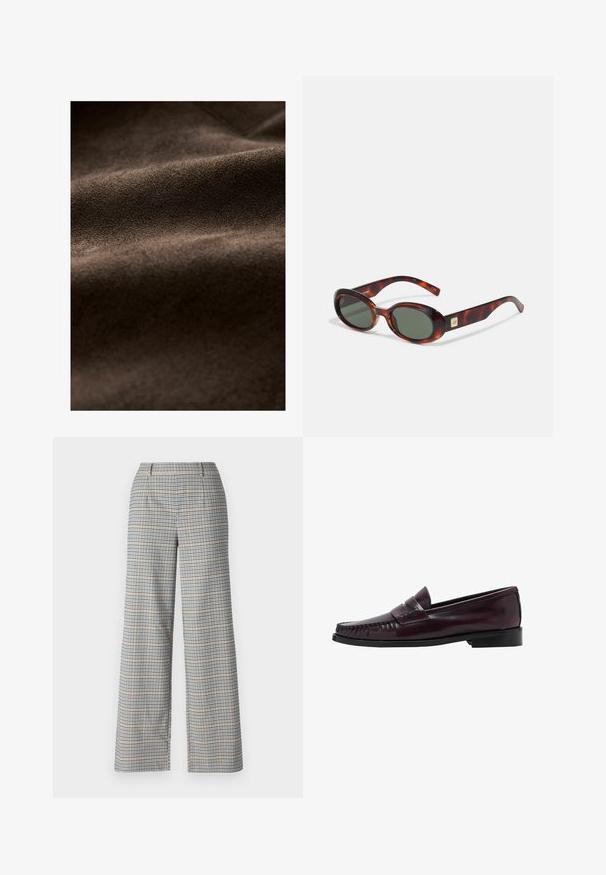 Ruskea mokkanahka, jossa on pehmeä rakenne, hienovaraiset poimut ja rikas, tasainen väri, sopii moniin tekstiilisovelluksiin.; AllSaints LISA - T-paita - white; Vaatteet leveät lahkeet beiget, tummansiniset ja mustat ruudulliset housut. Sisältää kaksi etutaskua ja sileän, ryhdikkään kankaan.; Miestne tmavohnedé kožené penny loafer s čiernou podrážkou a prešívaním na špičke, zobrazené v bočnom profile.; Kilpikonnakuoriset aurinkolasit, joissa on tummat linssit, soikea muoto ja leveät sankat. Sivussa on pieni kultainen yksityiskohta. Sujuva muovimateriaali.