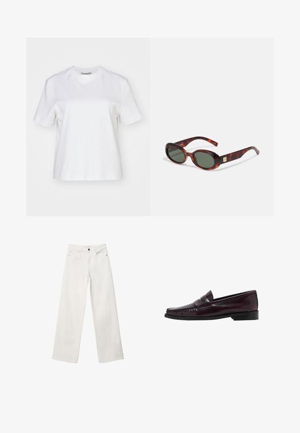 Ruskea mokkanahka, jossa on pehmeä rakenne, hienovaraiset poimut ja rikas, tasainen väri, sopii moniin tekstiilisovelluksiin.; AllSaints LISA - T-paita - white; Valkoiset leveälahkeiset farkut, joissa on korkea vyötärö, viisi taskua ja metallinen napp closure. Nämä farkut ovat sileäpintaiset ilman kuvioita.; Miestne tmavohnedé kožené penny loafer s čiernou podrážkou a prešívaním na špičke, zobrazené v bočnom profile.; Kilpikonnakuoriset aurinkolasit, joissa on tummat linssit, soikea muoto ja leveät sankat. Sivussa on pieni kultainen yksityiskohta. Sujuva muovimateriaali.