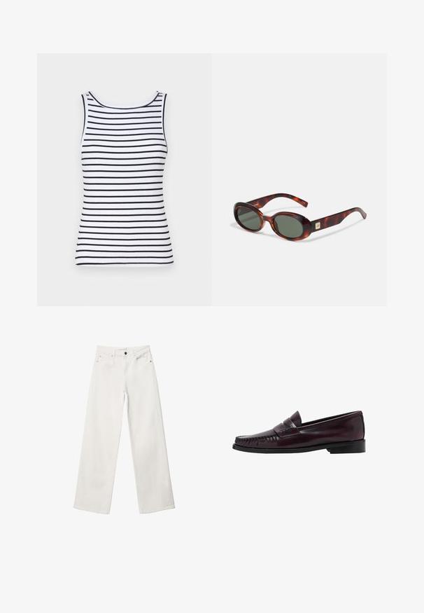 Braunes Wildleder mit einer weichen Textur, das sanfte Falten und eine reichhaltige, einheitliche Farbe aufweist, geeignet für verschiedene textile Anwendungen.; Weißes Tanktop mit schwarzen Horizontalstreifen, Rundhalsausschnitt, geripptem Material und figurbetontem Schnitt. Keine Verzierungen oder Akzente.; Weiße Schlagjeans aus Denim, mit hoher Taille, Fünf-Taschen-Design und Metallknopfverschluss. Glatte Textur, ohne Muster.; Dunkelbraune Herrenleder-Pennyloafers mit schwarzer Sohle und Steppdetails entlang der Spitze, im Seitenprofil gezeigt.; Schildkrötenmuster Sonnenbrille mit dunklen Gläsern, ovaler Form und breiten Bügeln. Verfügt über eine kleine goldene Akzentuierung an der Seite. Hergestellt aus glattem Kunststoff.