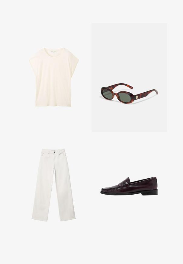 Tessuto di pelle scamosciata marrone con una consistenza morbida, caratterizzato da pieghe leggere e da un colore ricco e uniforme, adatto per varie applicazioni tessili.; TOM TAILOR DENIM FLUENT TEE - T-shirt basic - off white; Jeans bianchi a gamba larga in denim, caratterizzati da un'alta vita, design a cinque tasche e chiusura con bottone metallico. Tessuto liscio, senza fantasie.; Mocassino da uomo in pelle marrone scuro con suola nera e dettaglio di cucitura lungo la punta, mostrato in profilo laterale.; Occhiali da sole a tartaruga con lenti scure, forma ovale e aste larghe. Presentano un piccolo accento dorato sul lato. Materiale in plastica liscia.; Borsone in pelle marrone con manici superiori, tracolla removibile, chiusura con zip e texture liscia. Design minimalista senza loghi visibili.